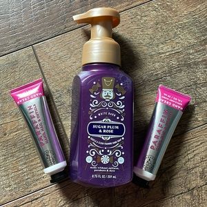 Bath and Bodyworks lot sugarplum rose foaming hand soap, and paraffin hand cream